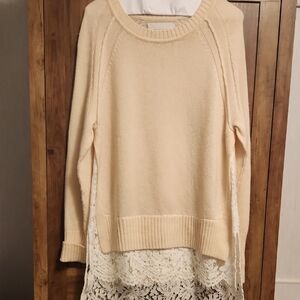 Brochu Walker Cream Wool Cashmere Sweater with Guipure Lace Hem